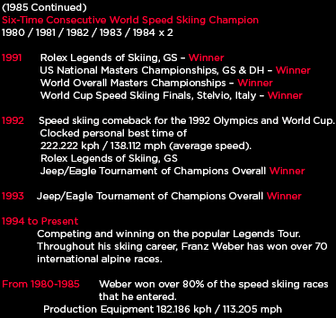 (1985 Continued)
                                    Six-Time Consecutive World Speed Skiing Champion
                                    1980 / 1981 / 1982 / 1983 / 1984 x 2 
                                    
                                    1991		Rolex Legends of Skiing, GS � Winner
                                                US National Masters Championships, GS & DH � Winner
                                                World Overall Masters Championships � Winner
                                                World Cup Speed Skiing Finals, Stelvio, Italy � Winner
                                    
                                    1992 	Speed skiing comeback for the 1992 Olympics and World Cup.
                                                Clocked personal best time of
                                                222.222 kph / 138.112 mph (average speed).
                                                Rolex Legends of Skiing, GS Winner
                                                Jeep/Eagle Tournament of Champions Overall Winner
                                    
                                    1993 	Jeep/Eagle Tournament of Champions Overall Winner
                                    
                                    1994 to Present
                                                Competing and winning on the popular Legends Tour.
                                                Throughout his skiing career, Franz Weber has won over 70
                                                international alpine races.
                                    
                                    From 1980-1985		Weber won over 80% of the speed skiing races
                                                                    that he entered. 
                                                 Production Equipment 182.186 kph / 113.205 mph